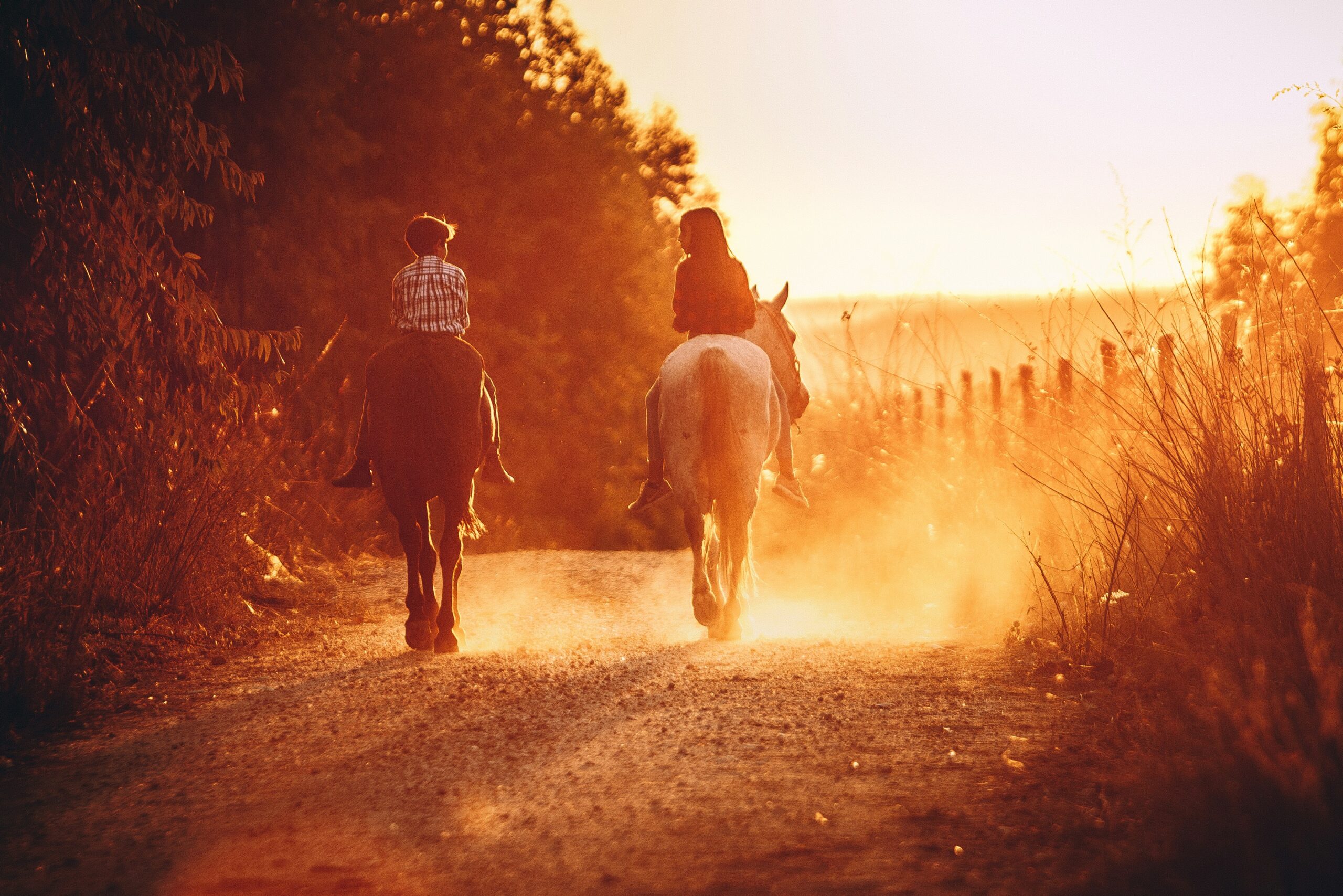 Dos niños montando a caballo en camino de tierra