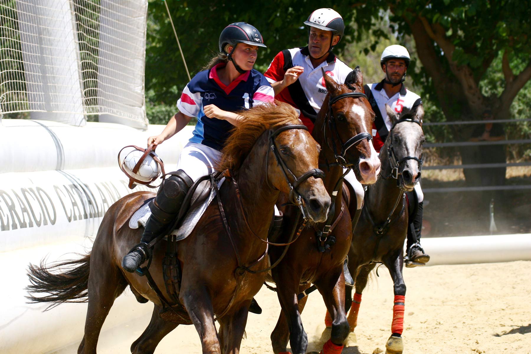 Jinetes montados a caballo jugando al horseball